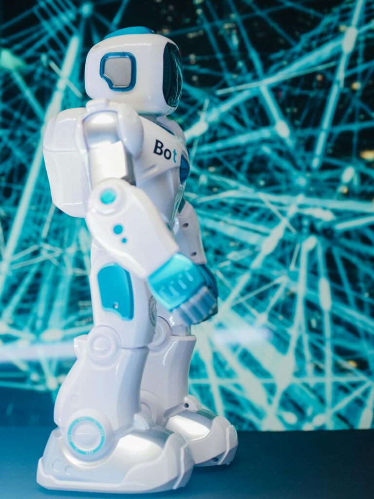 A futuristic robot with a digital network background symbolizes innovation and modern technology.